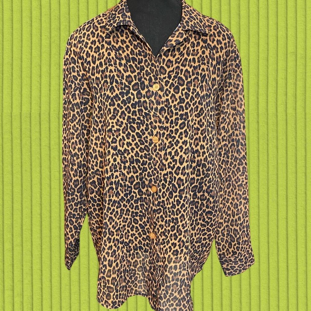VTG Barbara Gerwit leopard print see through button up blouse size large